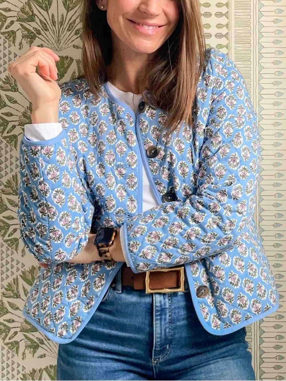 J. Crew Block Print Quilted Jacket Quiet Harbor Floral Blue Pink Cotton Size 6